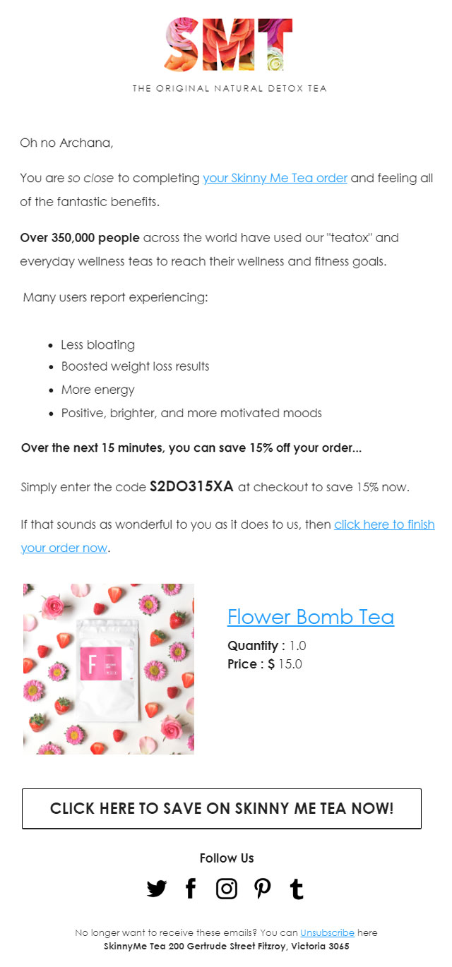 skinnymetea abandoned cart email
