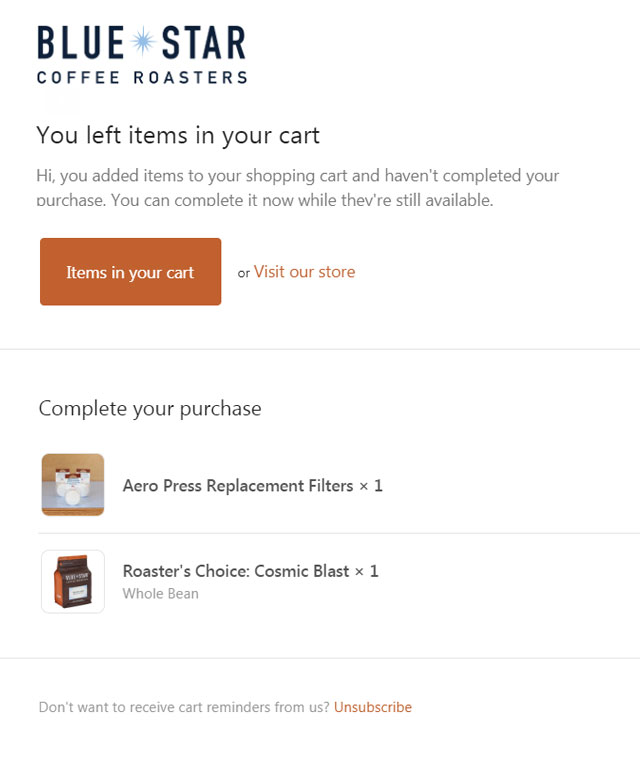 blue star coffee abandoned cart email
