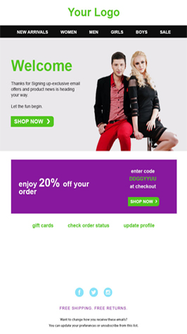 White themed eCommerce welcome email template to greet first-time shoppers. Download for Free Now.