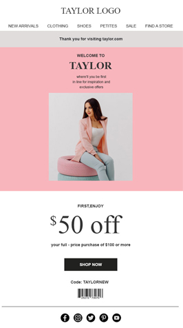 White themed eCommerce welcome email template to greet first-time shoppers. Download for Free Now.
