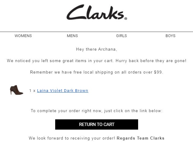 clarks abandoned cart email template