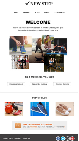 White themed eCommerce welcome email template to greet first-time shoppers. Download for Free Now.