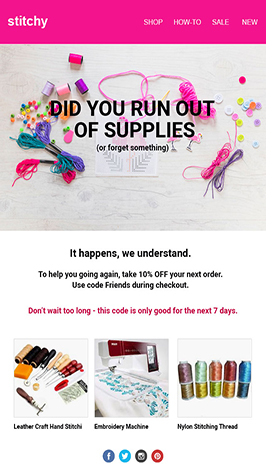 White themed eCommerce welcome email template to greet first-time shoppers. Download for Free Now.