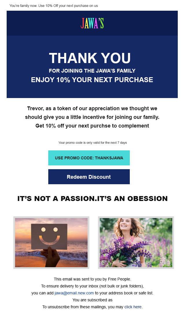 White themed eCommerce welcome email template to greet first-time shoppers. Download for Free Now.