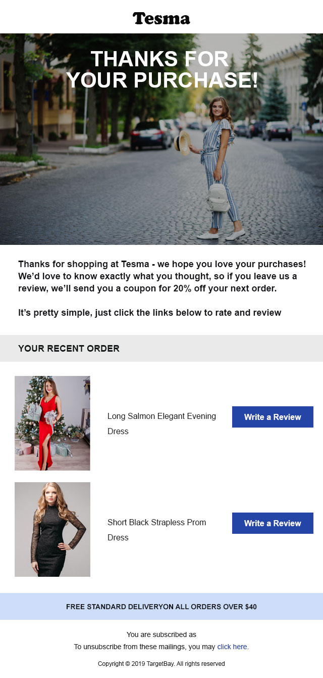 White themed eCommerce welcome email template to greet first-time shoppers. Download for Free Now.
