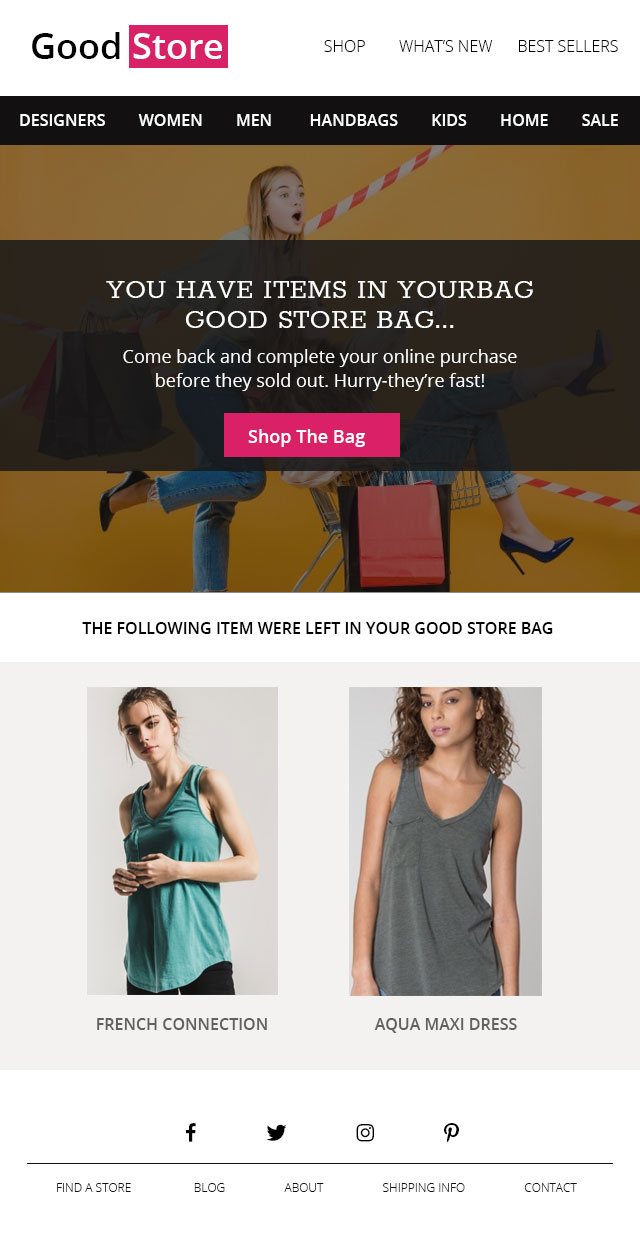 White themed eCommerce welcome email template to greet first-time shoppers. Download for Free Now.