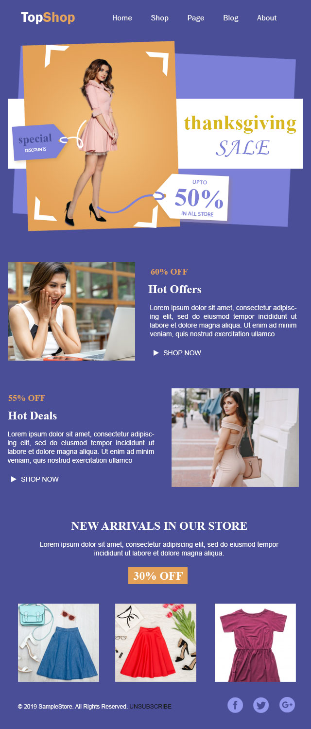 White themed eCommerce welcome email template to greet first-time shoppers. Download for Free Now.