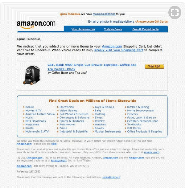 Amazon's abandoned cart email example Amazon's abandoned cart email example