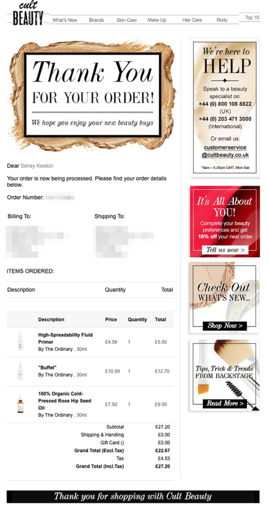 Cult Beauty's order confirmation email Cult Beauty's order confirmation email