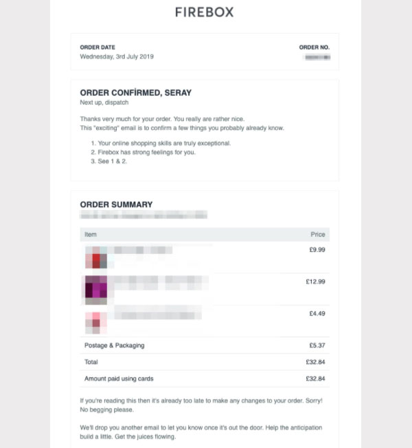 firebox's order confirmation email firebox's order confirmation email