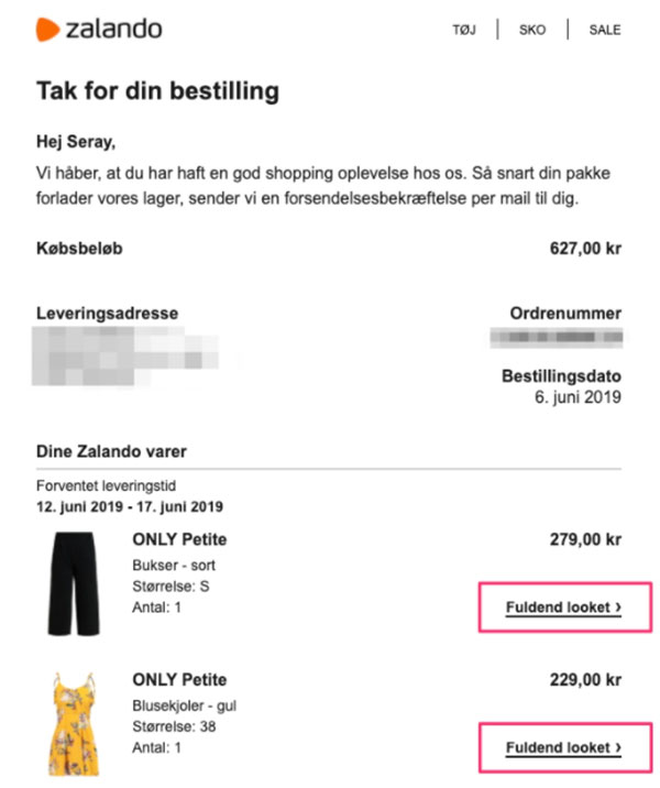 zalando's order confirmation email zalando's order confirmation