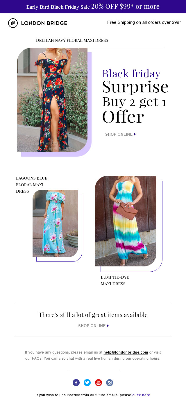 White themed eCommerce welcome email template to greet first-time shoppers. Download for Free Now.