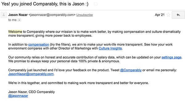 Comparably's welcome email Comparably's welcome email