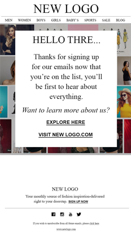 White themed eCommerce welcome email template to greet first-time shoppers. Download for Free Now.