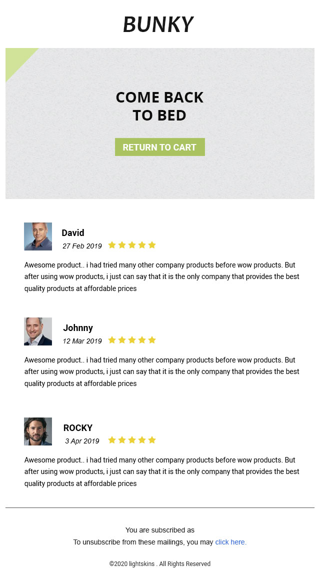 White themed eCommerce welcome email template to greet first-time shoppers. Download for Free Now.