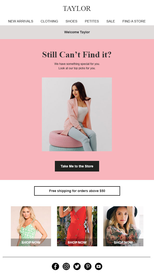 White themed eCommerce welcome email template to greet first-time shoppers. Download for Free Now.