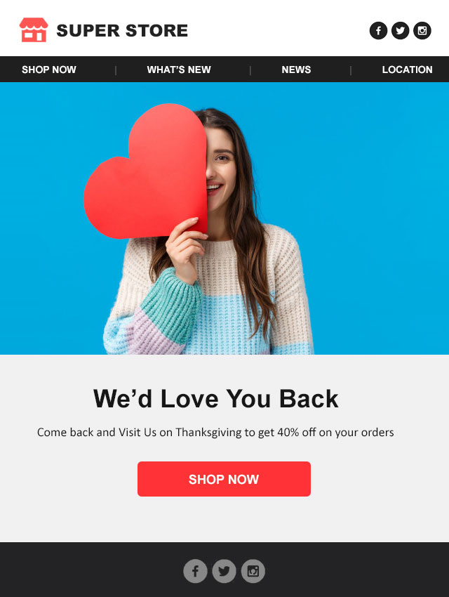 White themed eCommerce welcome email template to greet first-time shoppers. Download for Free Now.