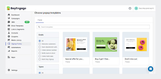 Choose the type of pop-up