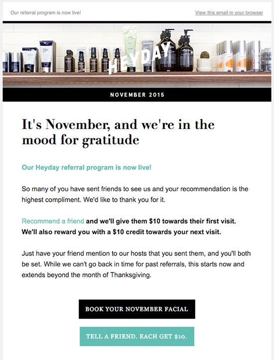 Example email template of sending a referral link to others