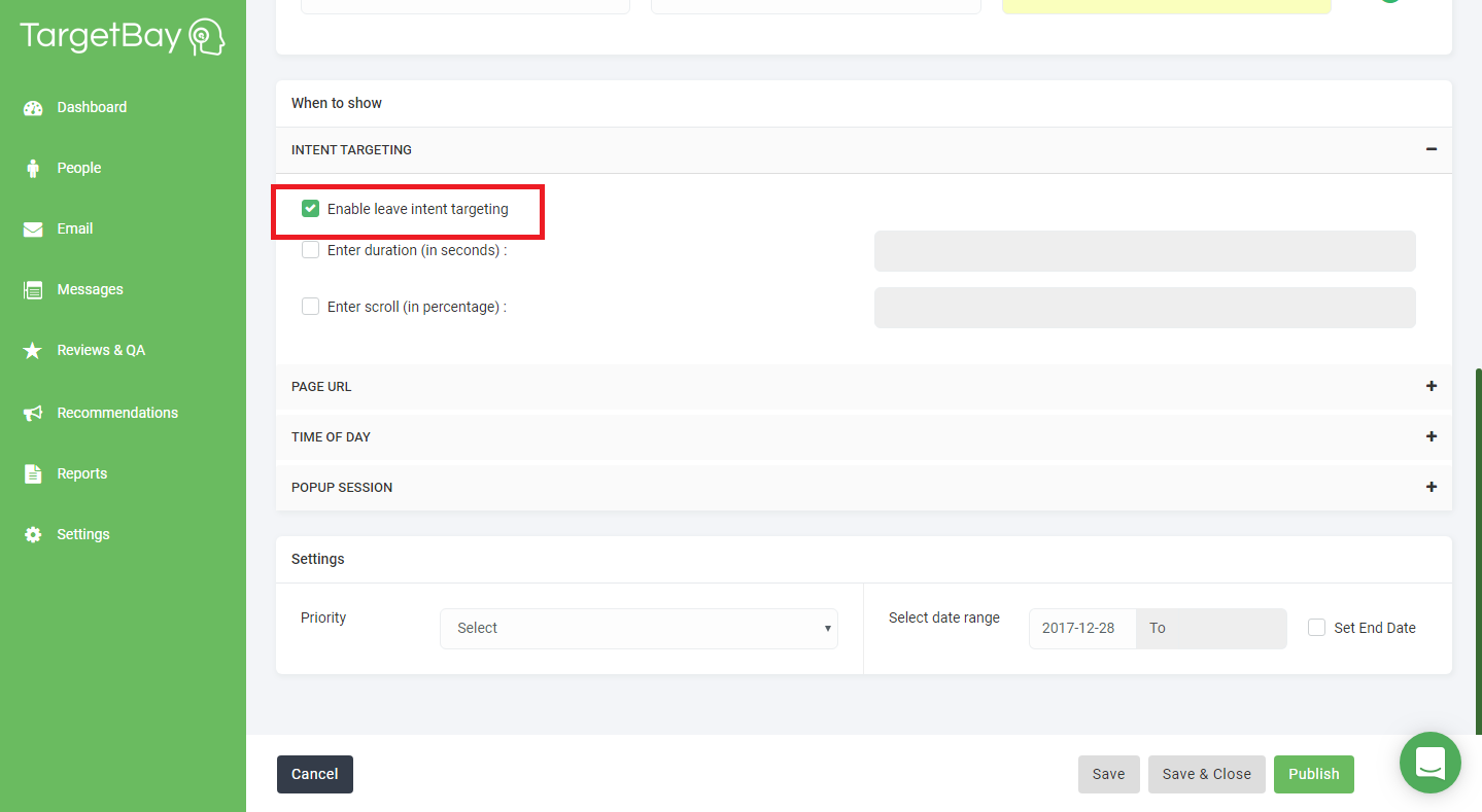 Enable Leave Intent Targeting Enable Leave Intent Targeting
