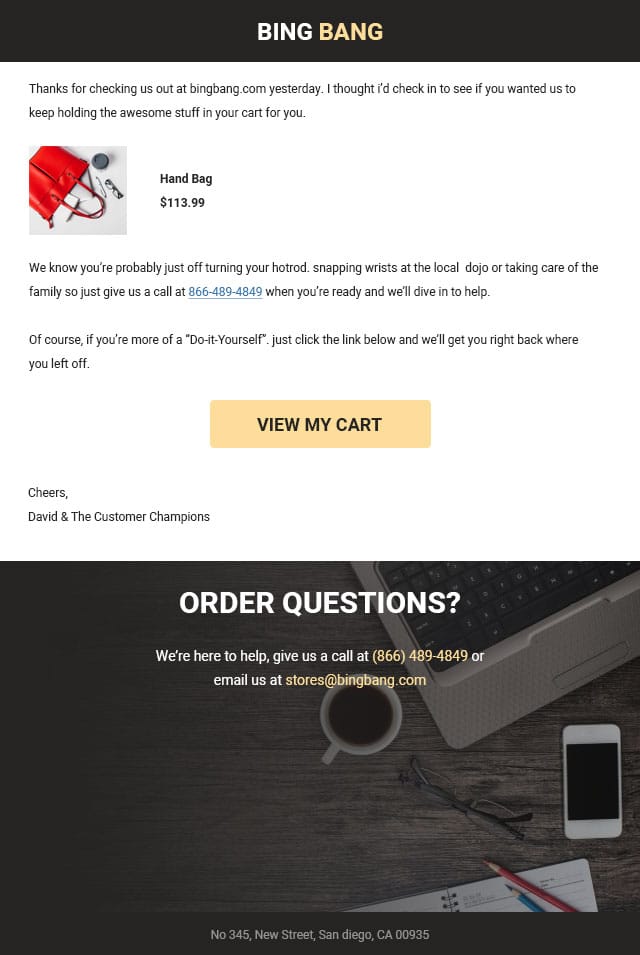 abandoned cart email template with customer support
