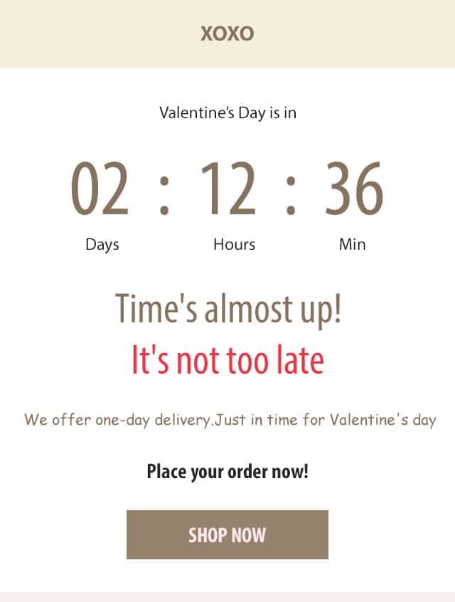 valentine's day email template showcasing timer