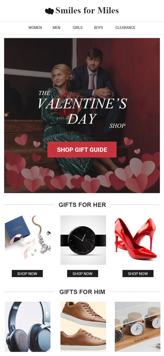 valentine's day email with gift guide attached