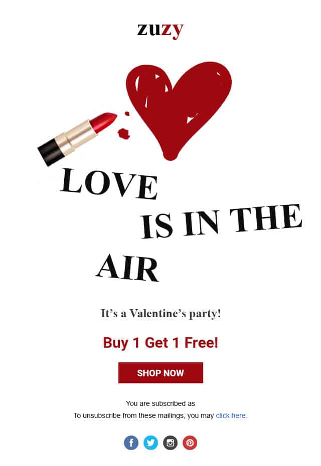 Valentine's day email template showcasing lipstick