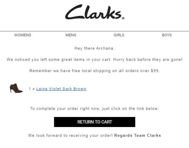 clarks abandoned cart email template