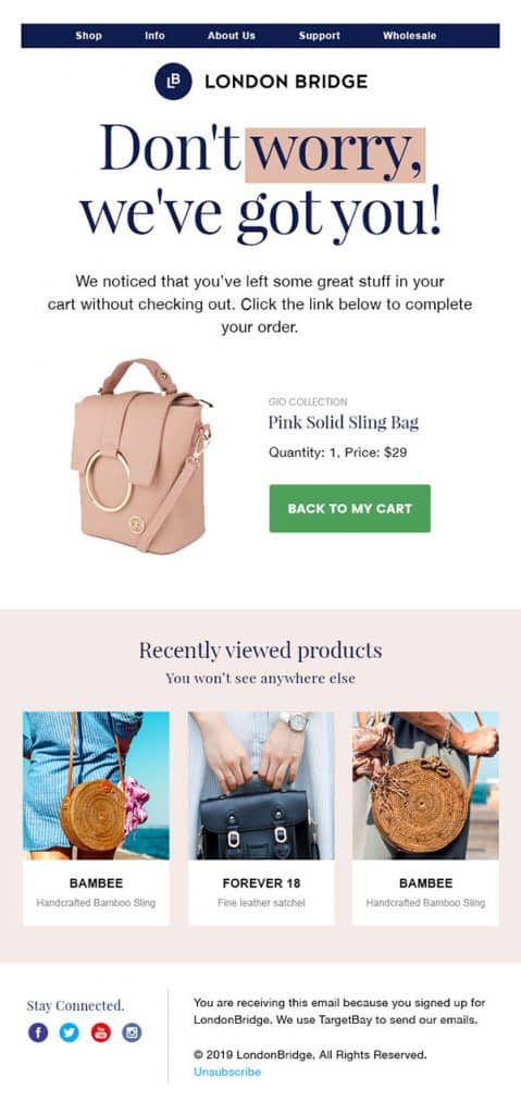 BayEngage's abandoned cart email for bags store